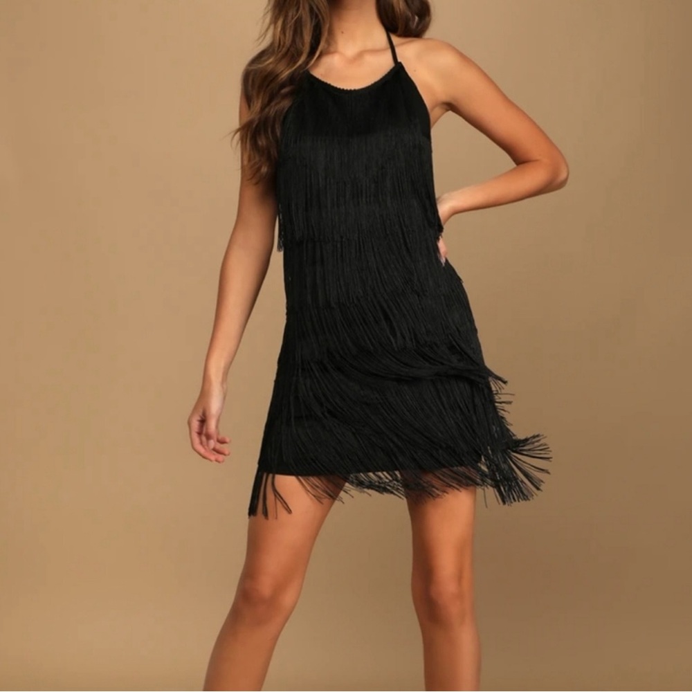 Lulu’s Roarin' Style Black Fringe Halter Bodycon Mini Dress